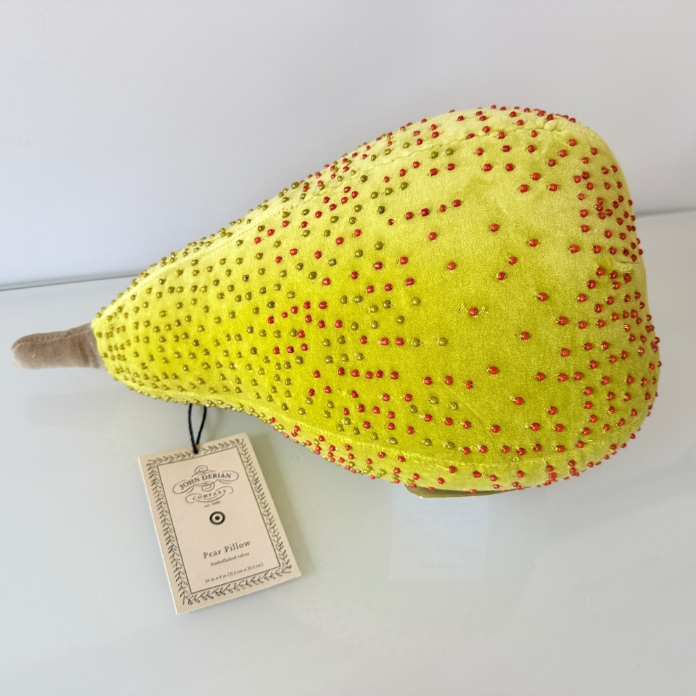 John Derian Pear Pillow Target Lime Green Beaded Velvet 14in Fruit Decor NEW